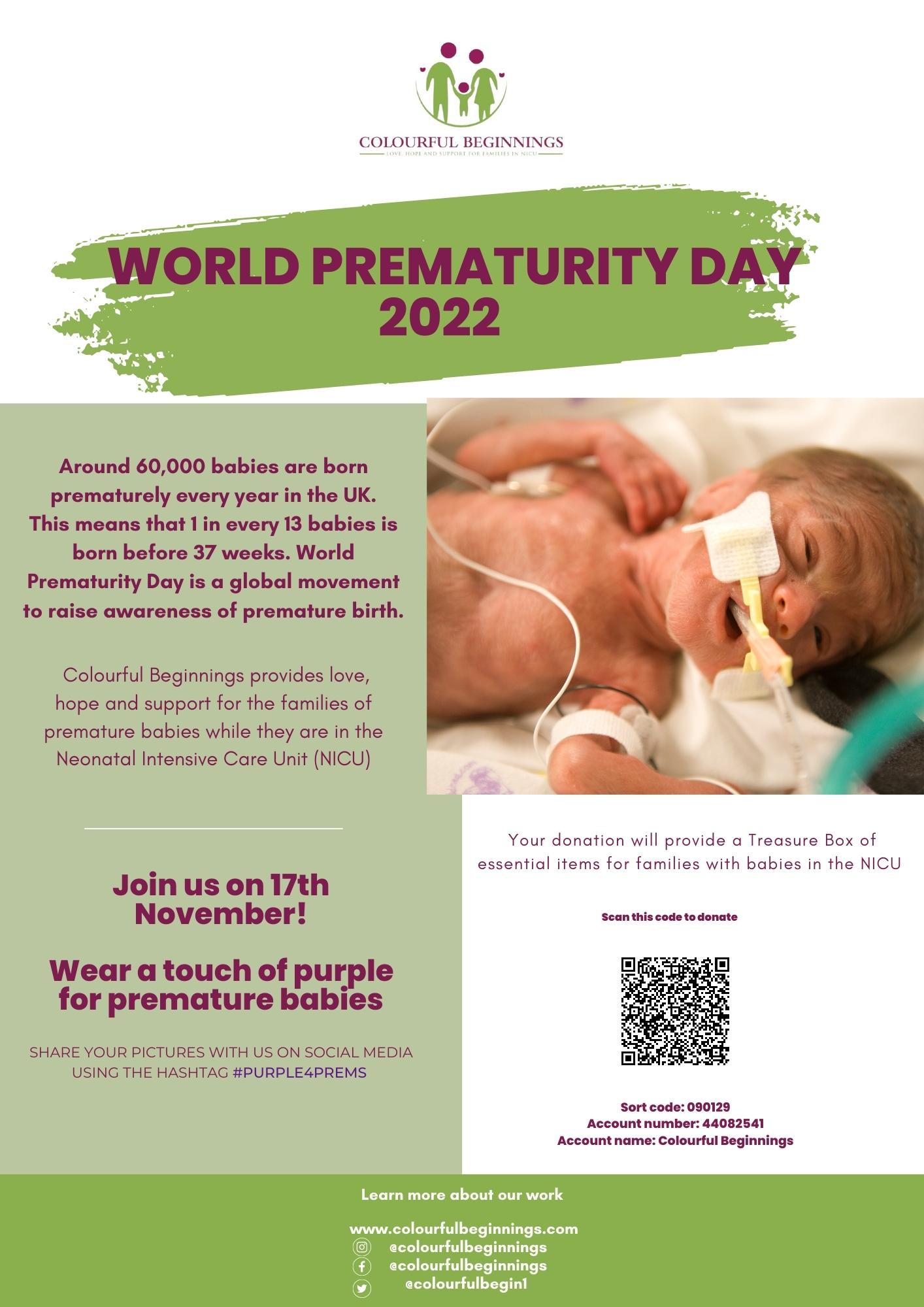 World Prematurity Day 2022 Flyer with details on how to get involved in our awareness and fundraising efforts.